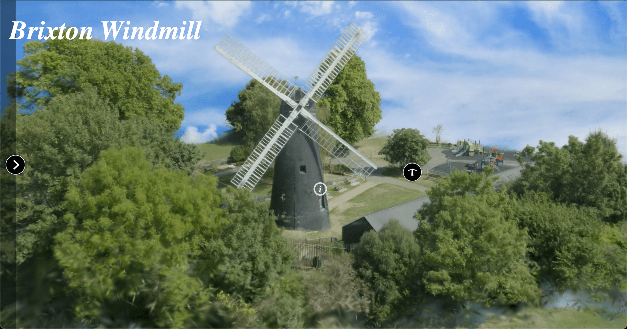Aerial view of Brixton Windmill showing drone capture perspective for 3D documentation