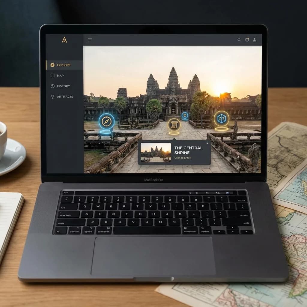 Laptop displaying a sleek virtual tour interface with interactive hotspots
