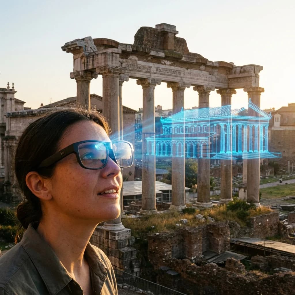 Visitor using AR glasses to view digital reconstruction overlay