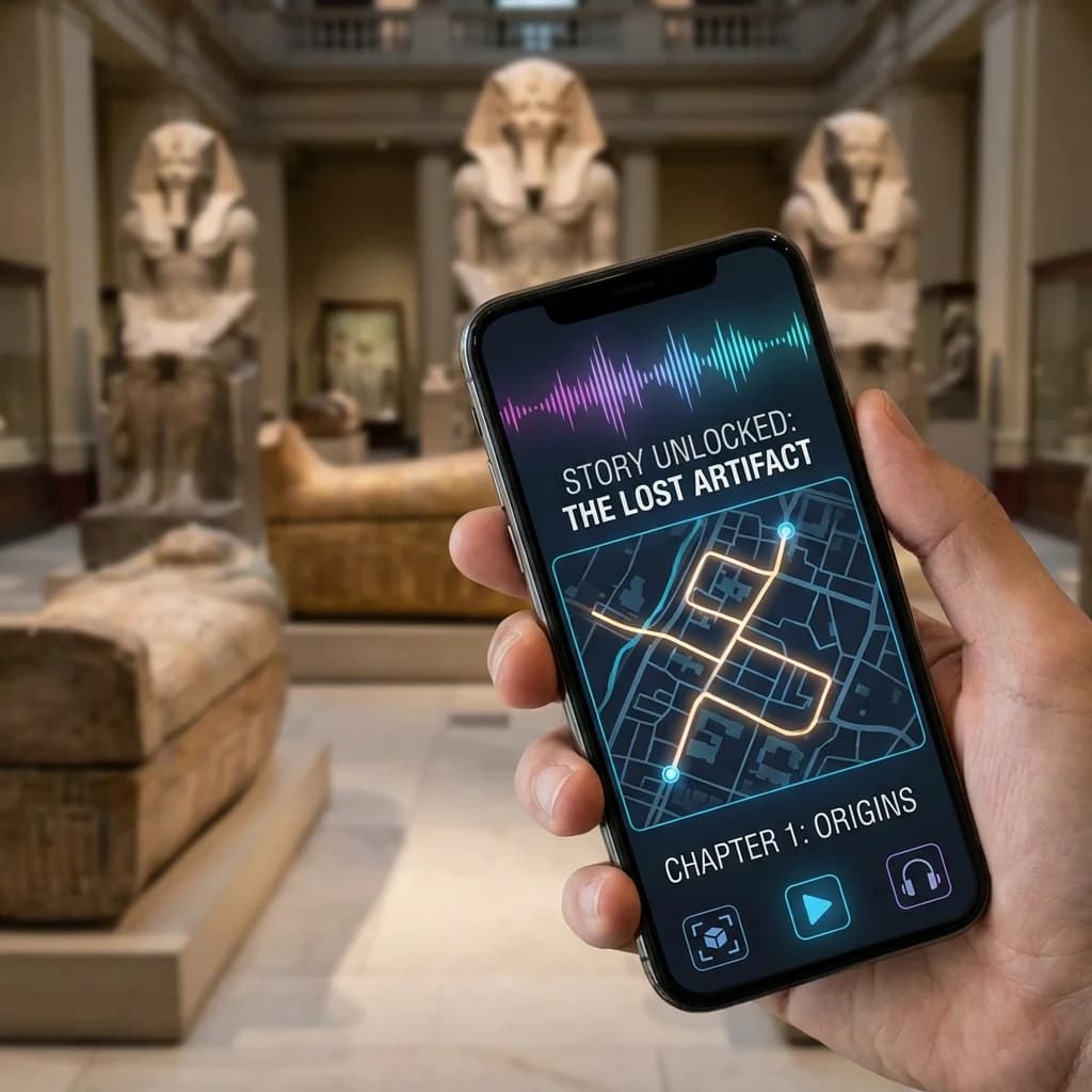 Interactive audio-visual museum guide interface on smartphone