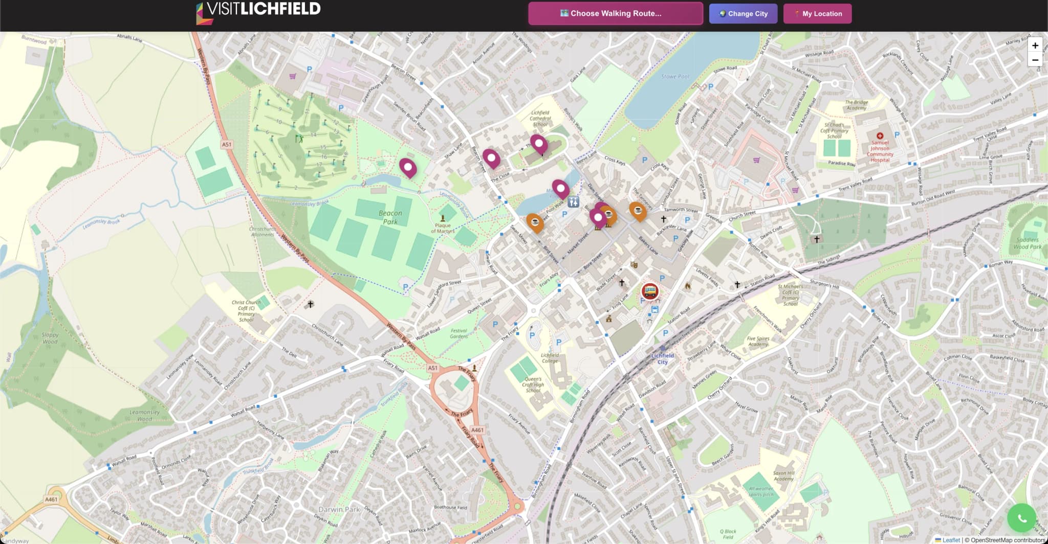 Lichfield Heritage Tour mobile app showing GPS-tracked route through historic cathedral city